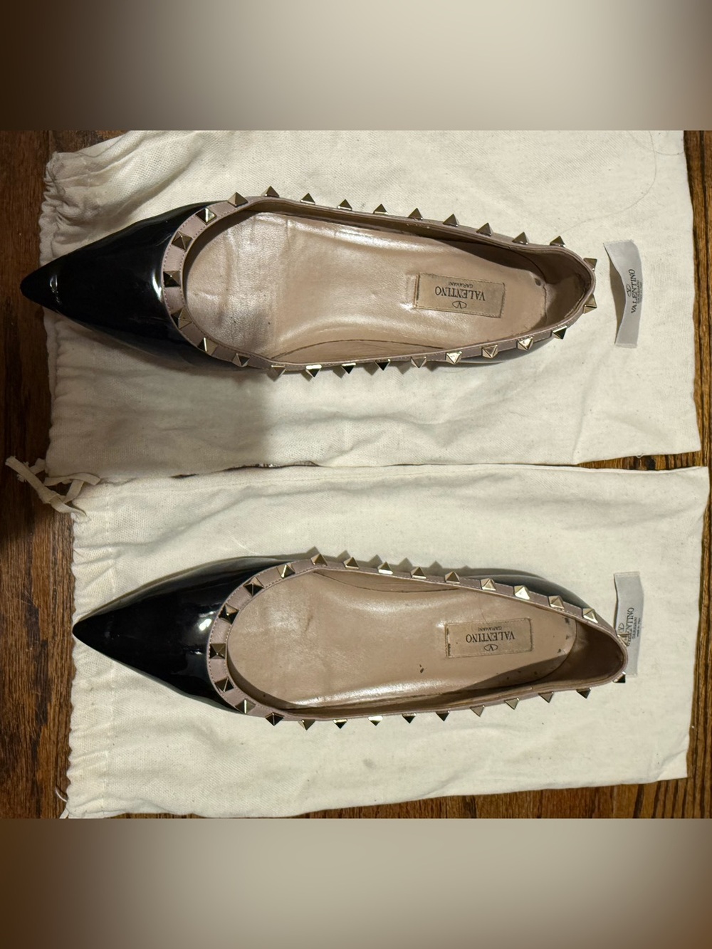 Valentino Black Patent Leather Rockstud Flats with Nude Trim Size 40